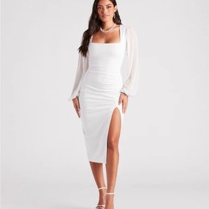 White dress, long sleeve chiffon. Never worn, with tags in original packaging.